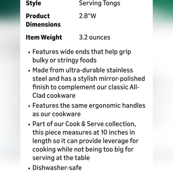 All-Clad Stainless Steel 9.5" Serving Tongs - Picture 6 of 9